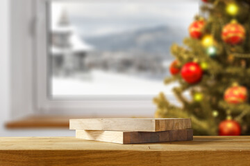 Desk of free space with window of winter time. 