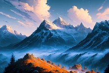 Realistic Mountains Composition With Horizontal Landscape And Cliffs Covered With Snow With Blue Sky