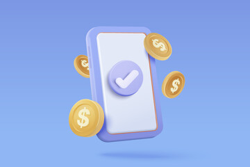 3D money payment transfer money system online payment concept, Bundles cash and saving coins exchange with mobile phone banking. 3d smartphone and cashless society with vector render illustration