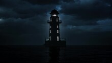 The Light Beam From The Silhouette Of A Solitary Lighthouse At Night.