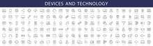 Device And Technology Thin Line Icons Set. Web Icons. Devices, Computer, Smartphone, Tablet, Mail, Search, Tablet, Cloud, Media Icon. Vector Illustration