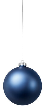 Christmas blue bright bauble ball, isolated on transparent background, hanging with silver chain, object for label, banner or gift greeting card