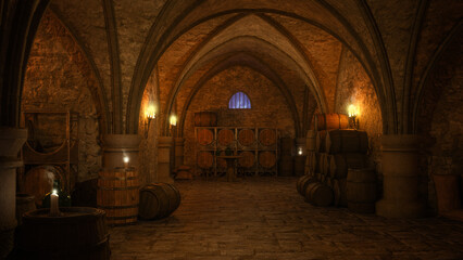 Poster - Wine cellar of an old medieval tavern lit by torches and candles. 3D illustration.