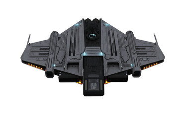 Wall Mural - futuristic fantasy space ship in flight with yellow lights on viewed from front. 3d rendering isolat