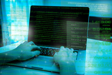 Hands typing code on laptop display. Programming language. Cyberspace and new technology concept.