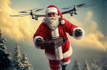 Santa Claus Flying on a drone to deliver Xmas gifts, Generative art