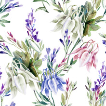 Summer Bouquet Seamless Pattern. Watercolor Illustration With Aquilegia Flowers.	