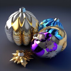 Wall Mural - Beautiful Christmas ball ornaments, made of glass in a vintage style with purple, blue silver and gold details. 