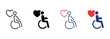 Charity and Donate Concept. Handicap Patient in Wheelchair Icon Set. Volunteer Care for Disabled Pictogram. Caregiver Icon. Care and Help Service. Editable stroke. Vector Illustration