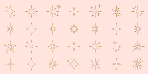 Sparkle Star Line Icon Set. Glow Spark Flash Stars Black Outline Collection. Shine Burst Magic Decoration Symbol. Glistering Effect Light. Twinkle Flare. Isolated Vector Illustration