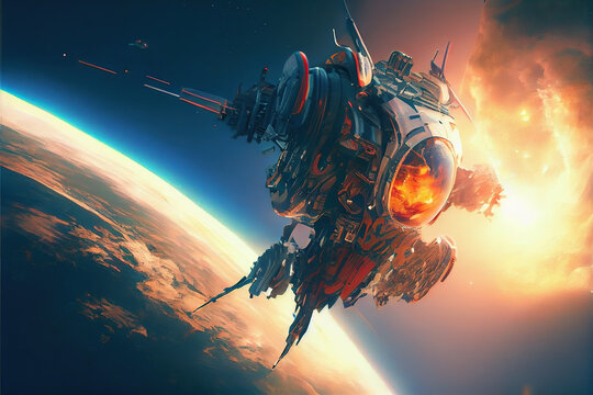 a giant robot flying in space. Planet background. Fantasy