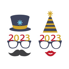 Party Glasses And Greetings Decorated With A Hat And Stars, Ready To Be Used In New Year's Eve Party For 2023.