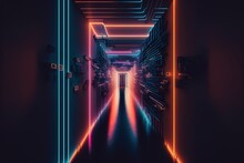 Long, Dark Passageway With Descending Neon Lines Generative AI