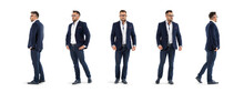 Business Man In Full Growth, Standing On A White Background. Model Man Five Poses.