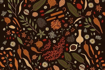 Kitchen Spices and Herbs Pattern Background. Cooking and Seasoning Herbs and Ingredients Set. Generative AI. 