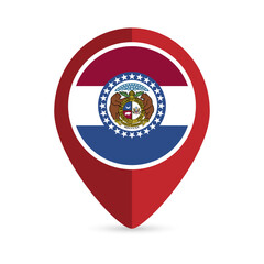 Map pointer with flag Missouri state. Vector illustration.