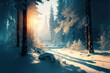 White Winter morning landscape 3D Illustration background. Mountains covered with white soft snow and evergreen forest is a perfect place for sledding and snowshoeing. Generated AI.