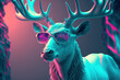 Neon cyberpunk futuristic portrait in pop art style of white reindeer with large strong horns and modern sunglasses. Purple lights. Generated AI.