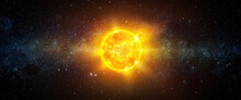 Panoramic View Of The Sun, Star The Sun Shines In Space. A Wide View Of The Sun And Stars From Space. Concept On The Theme Of Ecology, Environment, Earth Day. Elements Of This Image Furnished By NASA.