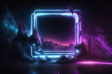 Wall Mural - Galaxy futuristic podium and product pedestal with neon cyberpunk square frame. Cyber purple lights, glow smoke and dust. 3D Illustration. Generated AI.