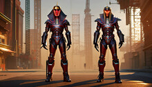 Two Futuristic Egyptian Robot Guardian Warriors In Blue Red Gold Armor And Red Neon Glowing Eyes Staying And Looking Into Viewer On The Street In Futuristic Sci-fi City, Generative AI
