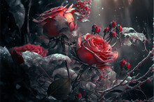 Fantasy Vintage Classic Red Roses Bouquet And Snow Ice On Blurred Background.Generative AI..