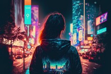 A Girl In A Futuristic Neon Light City With A Colorful Jacket, Tokyo Style