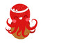 Takoyaki with octopus character sitting on it vector illustration isolated on white background. Symbol of Japanese street seafood. Flat cartoon style
