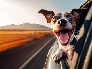 happy dog with head out of the car window having fun