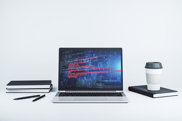 Wall Mural - modern computer display with abstract programming language hologram, artificial intelligence and mac