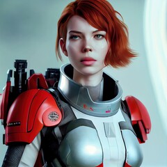 A fictional person, not based on a real person. Portrait of a sci-fi cyberpunk girl. High-tech futuristic woman from the future. The concept of virtual reality and cyberpunk. Generative AI.