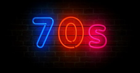 Canvas Print - 70s neon symbol on brick wall. Retro 1970, seventies nostalgia and vistage party style light color bulbs. Loopable and seamless abstract concept animation.