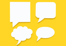 Set Of Paper Speech Bubbles On A Yellow Background. Flat Chat Icons In The Form Of Speech Bubbles Of Various Shapes. Free Space For Text Or Image. Signs Of Verbal Communication