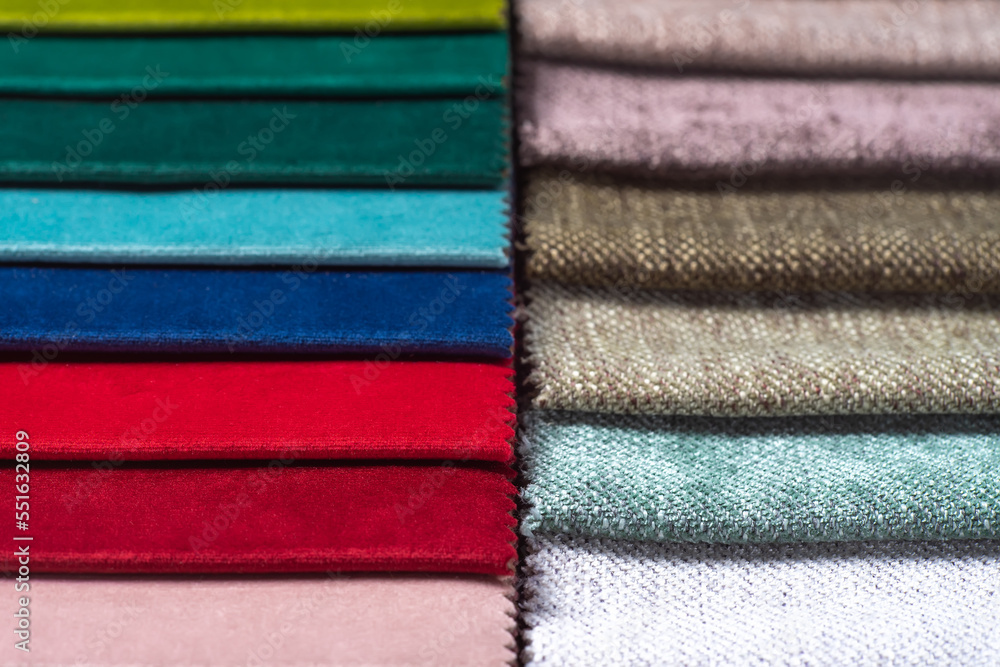 Bright collection of colorful textile samples. Fabric swatches, set in ...