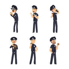 Canvas Print - Male Police Officers in Uniform Eating Donuts and Drinking Coffee Vector Set