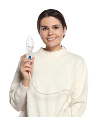 Poster - Happy young woman with nebulizer on white background