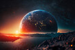 © alones - Amazing space planet Mars landscape with mountains and water at sunset with starry sky and big planet earth with lights of night cities. Creative future space concept.
