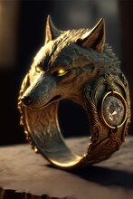 Golden Wolf Ring Isolated On Black Background