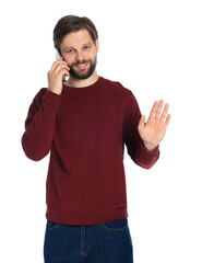 Canvas Print - Man talking on smartphone against white background