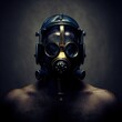 A man wearing a blue gas mask