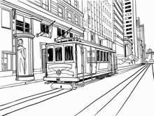 Cable Car In San Francisco. California Streetcar. USA. Traditional California Car. Hand Drawn Urban Sketch. Digital Illustration. Vector Background.