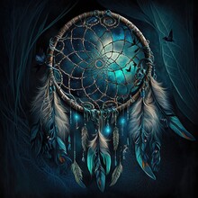 Indian Magical Amulet Dreamcatcher, Protecting The Sleeper From Evil Spirits And Diseases. Bad Dreams Get Tangled In The Web, While Good Dreams Slip Through The Hole In The Middle. AI