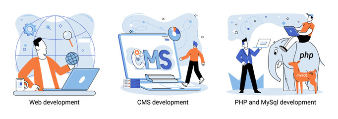 Website architecture concepts metaphor. Web development, PHP and MySQL, CMS, interface design, software testing. Creation digital Software mobile, desktop platforms. Digital content management system