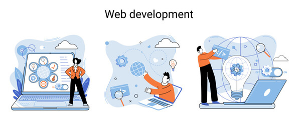 Web development metaphor, coding and programming responsive layout internet site or app of devices. Creation digital Software mobile, desktop platforms. Computer code, tablet, phone, digital business