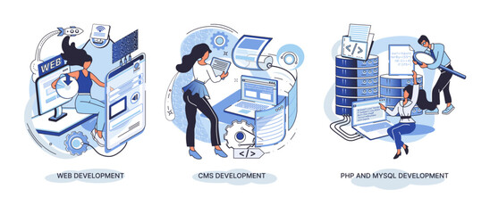 Website architecture concepts metaphor. Web development, PHP and MySQL, CMS, interface design, software testing. Creation digital Software mobile, desktop platforms. Digital content management system