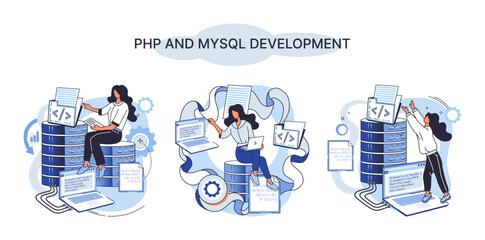 PHP and MySql development metaphor. Software website developer with computer, programmer service, open source general purpose programming language. Scripting web applications allows to create programs