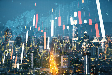 Abstract creative financial graph and world map on San Francisco cityscape background, financial and trading concept. Multiexposure