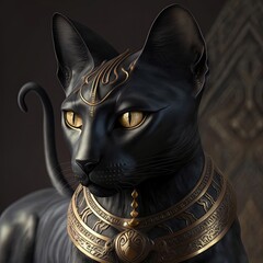 Wall Mural - Ancient Egyptian black cat with golden ornaments. Statuette in black interior, podium. Ancient Egyptian goddess Bastet. AI