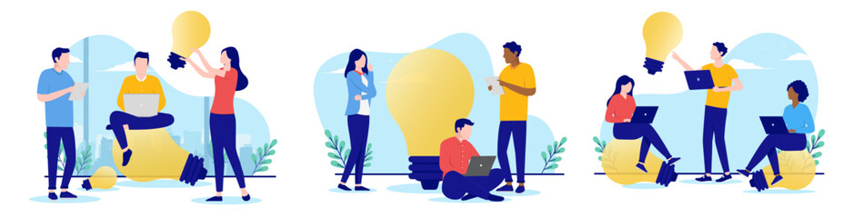 Leinwandbilder - Business idea collection - Set of vector  illustrations with people brainstorming and coming up with new ideas in office. Flat design with white background
