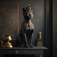 Ancient Egyptian black cat with golden ornaments. Statuette in black interior, podium. Ancient Egyptian goddess Bastet. AI